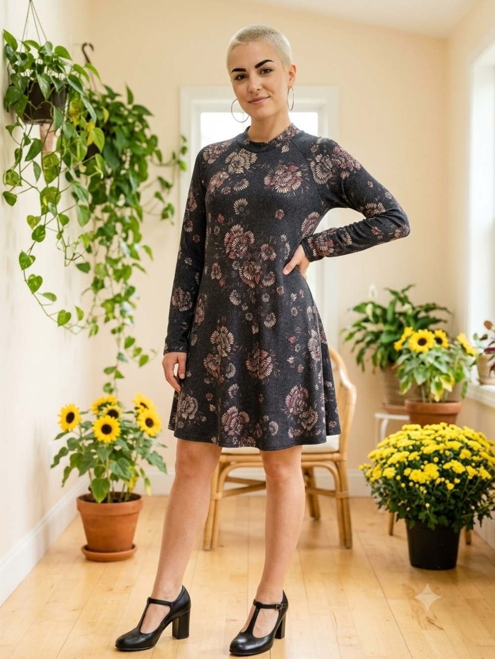 Cute๐APRICOT Charcoal Floral Long-Sleeve Swing Dress Sz L/UK 14